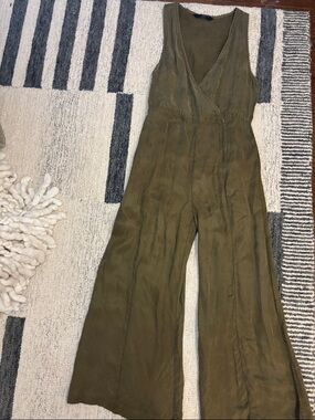 Olive Wide-Leg Jumpsuit, Sleeveless Deep V Drape, Minimal Chic Resort Wear NWOT